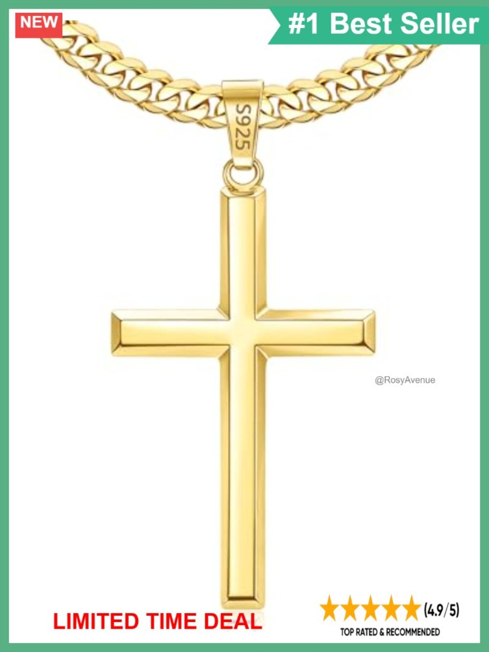 Men's 18k Gold Plated Sterling Silver Cross Necklace Cuban Link Chain